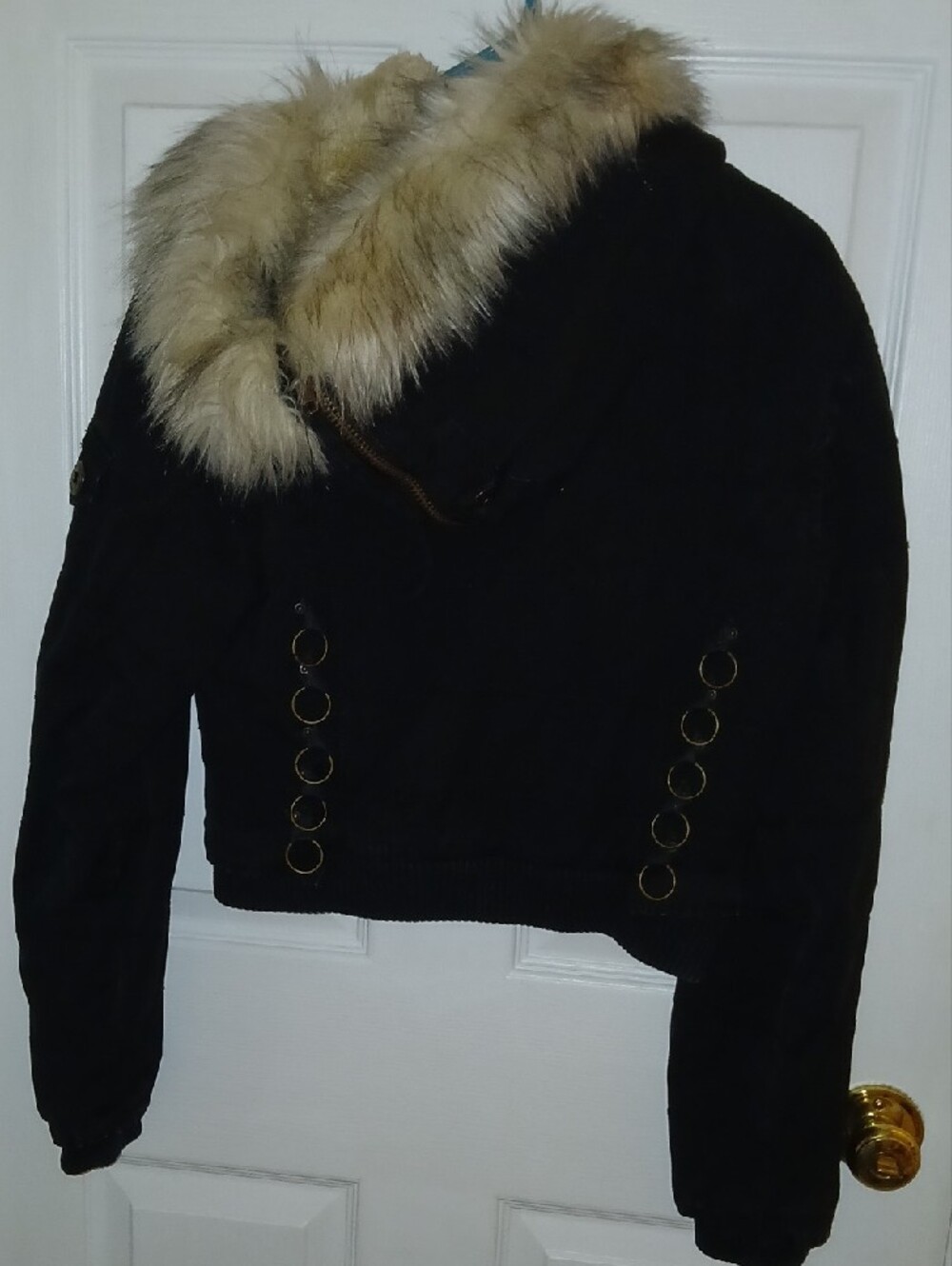 Women’s Black Bomber Jacket with Cream Faux Fur Collar - Picture 3 of 7